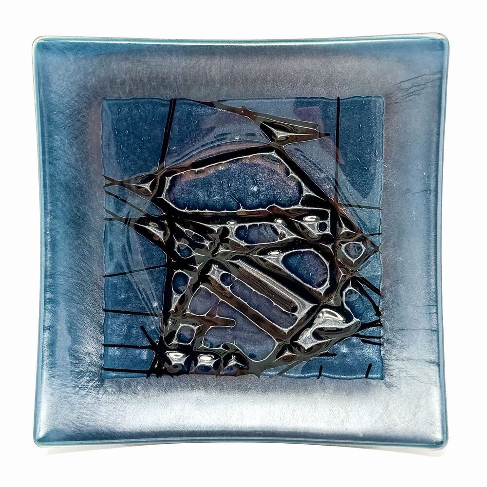 Signed Kurt McVay Fused Dichroic Art Glass Square Plate Blue Iridescent 9.5”